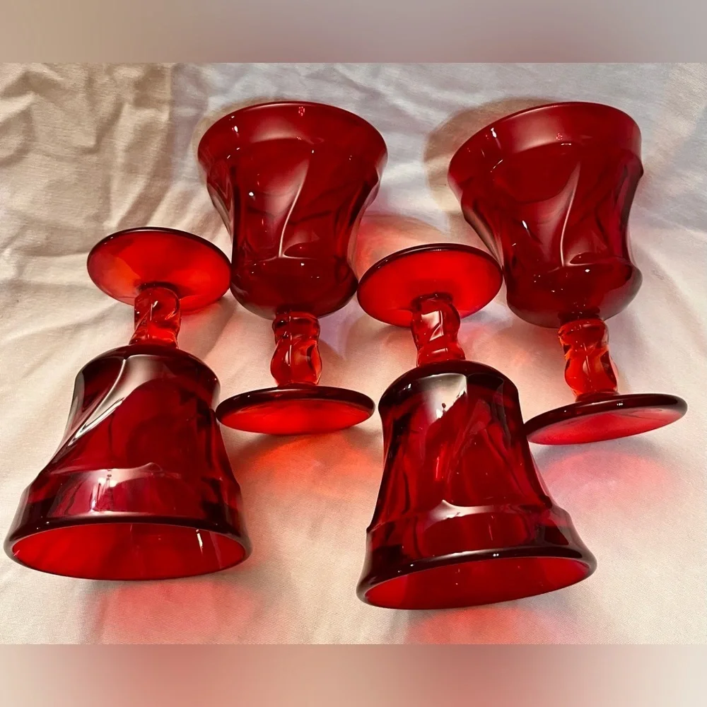 VTG Fostoria Jamestown Ruby Red Champagne Tall Sherbet Glasses Set of 4 Swirl